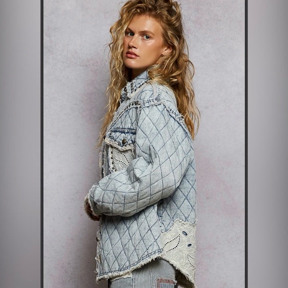 POL Quilted denim shacket with bronze studs, lace, pockets, distressed NEW - Picture 2 of 4